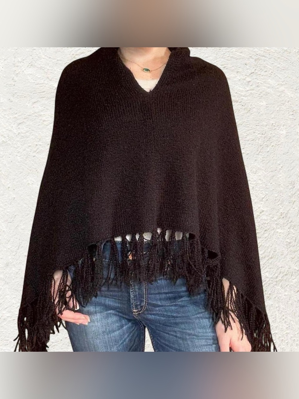 Black Fringed V-Neck Women's Sweater Poncho